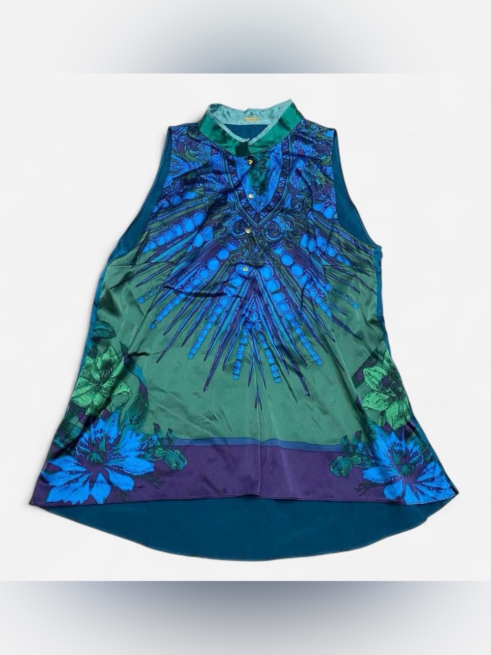 Elie Tahari Silk Peacock Floral Graphic Print Sleeveless Tunic Top